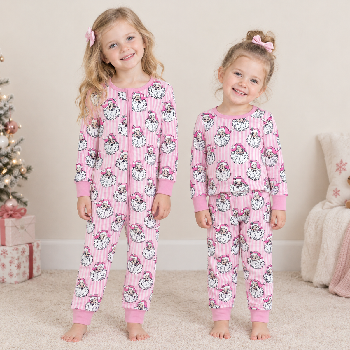 RTS NO MOQ Sibling milk silk Baby Girls Pink Santa Striped Matching Pajamas Set Kids Romper Sleepwear