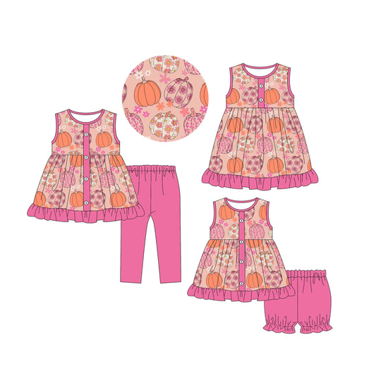 4.30 custom each style moq 5eta 4-6week Sibling Sisters pumpkin floral baby ghort sleeve shorts sets and pants sets and dress match family design