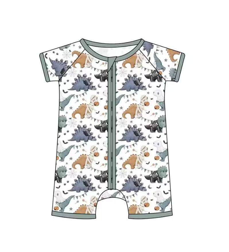 5.9custom each style moq 5eta 4-5week Sibling Sister Halloween cute dinosaur prints green girls and boys outfits and baby rompers match family design