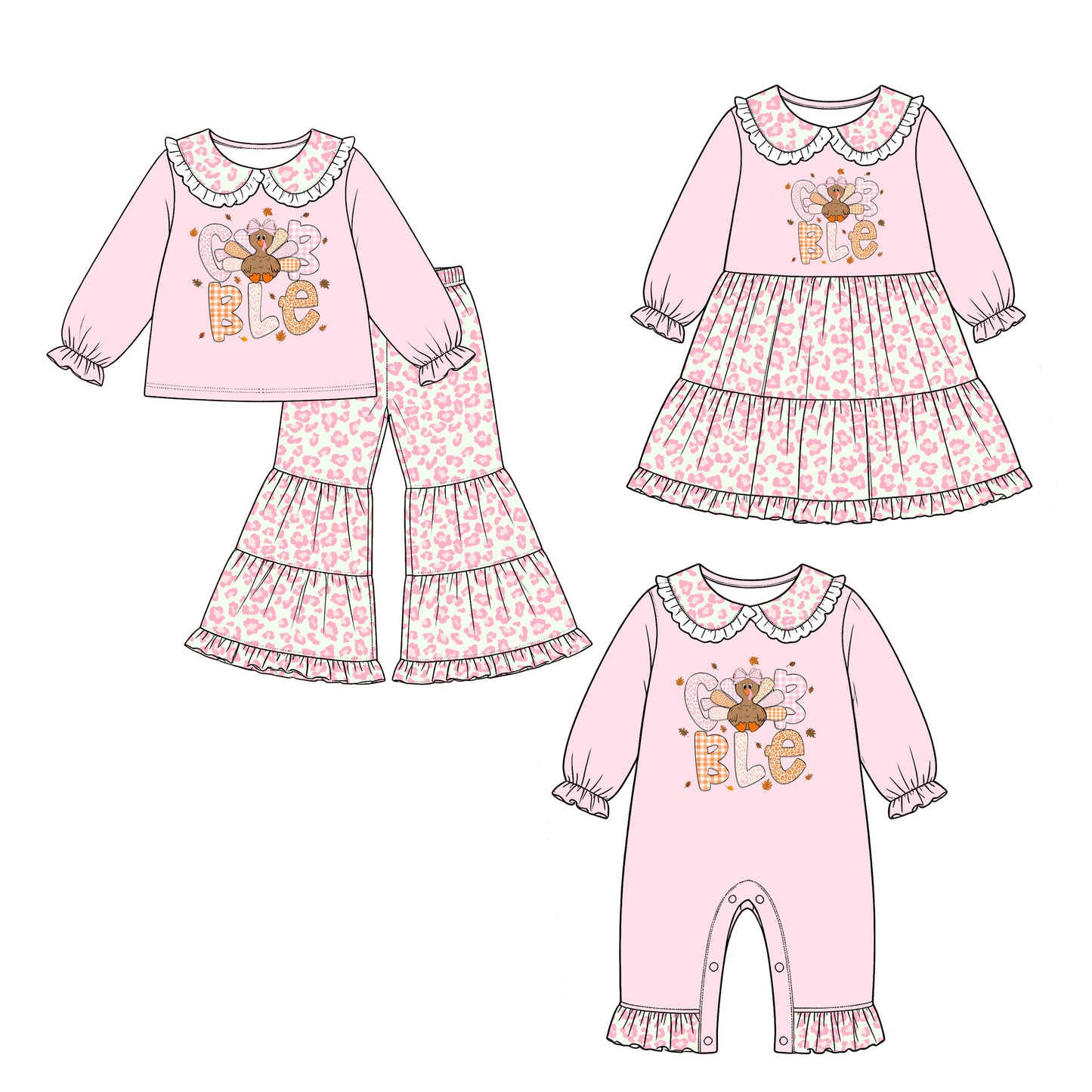 (Preorder new) No moq Baby Girls Turkey Collar Top Leopard Bell Bottom Pant Thanksgivings Fall Holiday Clothes Set Rompers Dress