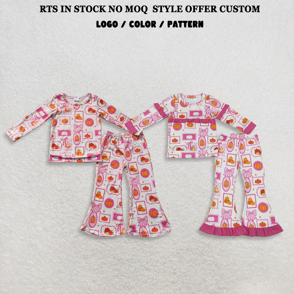 RTS NO MOQ Sibling milk silk Baby Girls Bows Pumpkins Checked Top Flare Pant Fall Clothes Sets