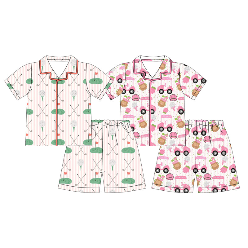 (Preorder new) No moq Girls Golf Cart Golf Club Print Short Sleeve Button Down Pajama Set