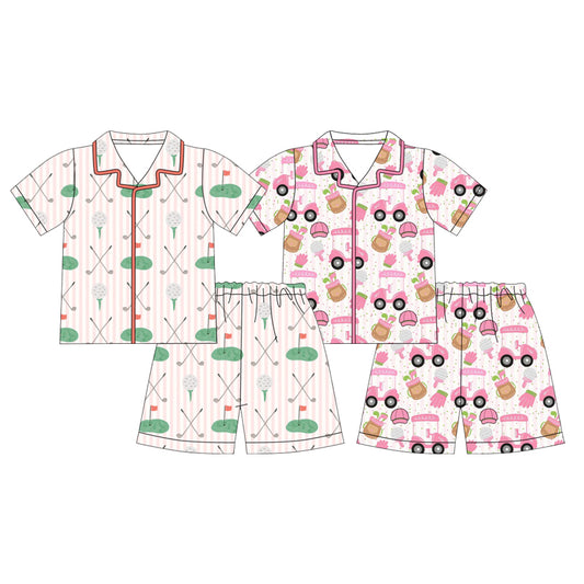 (Preorder new) No moq Girls Golf Cart Golf Club Print Short Sleeve Button Down Pajama Set