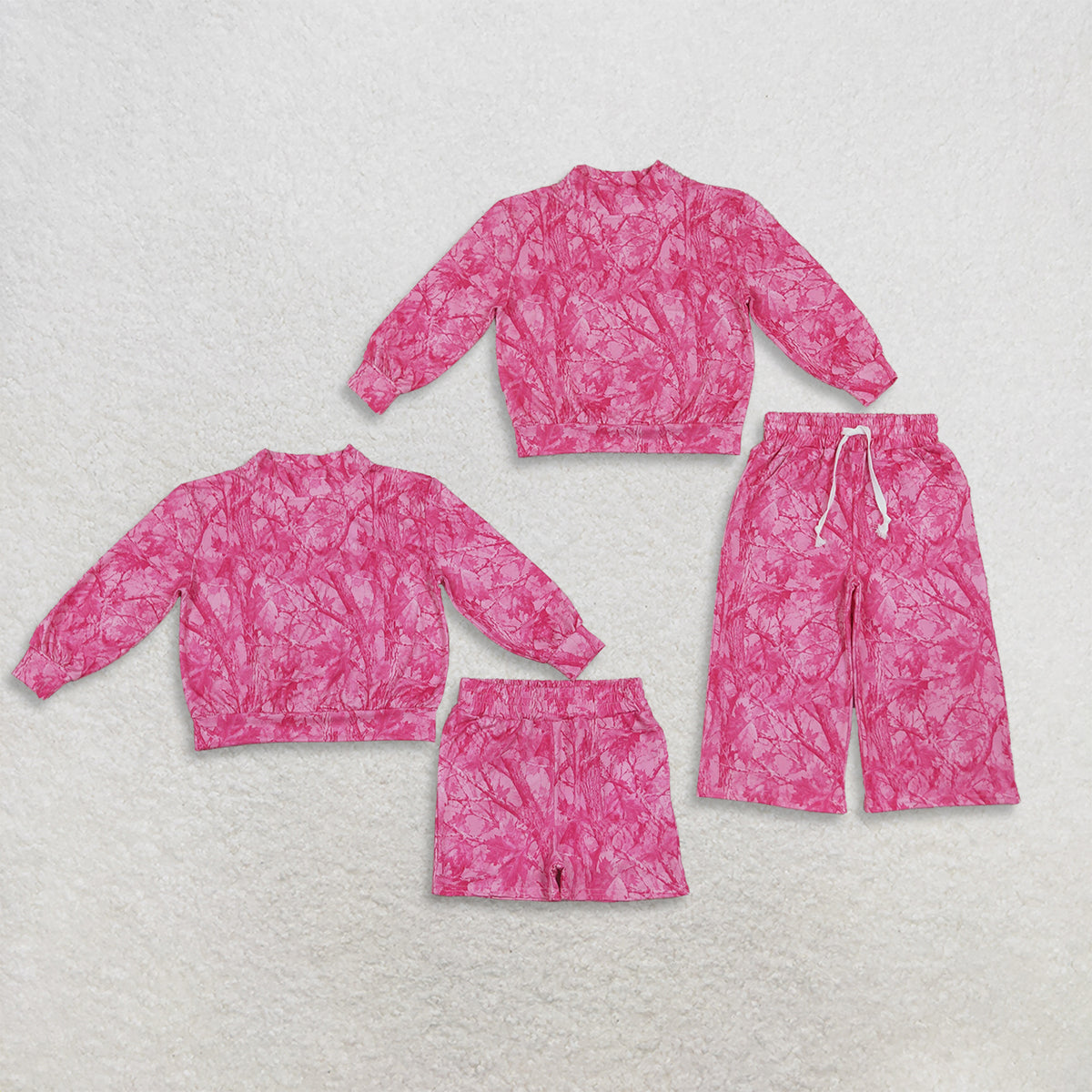 RTS NO MOQ Sibling milk silk High Neck Baby Girls Pink Camo Long Sleeve Sweatshirt Drawstring Pants Matching Outfit