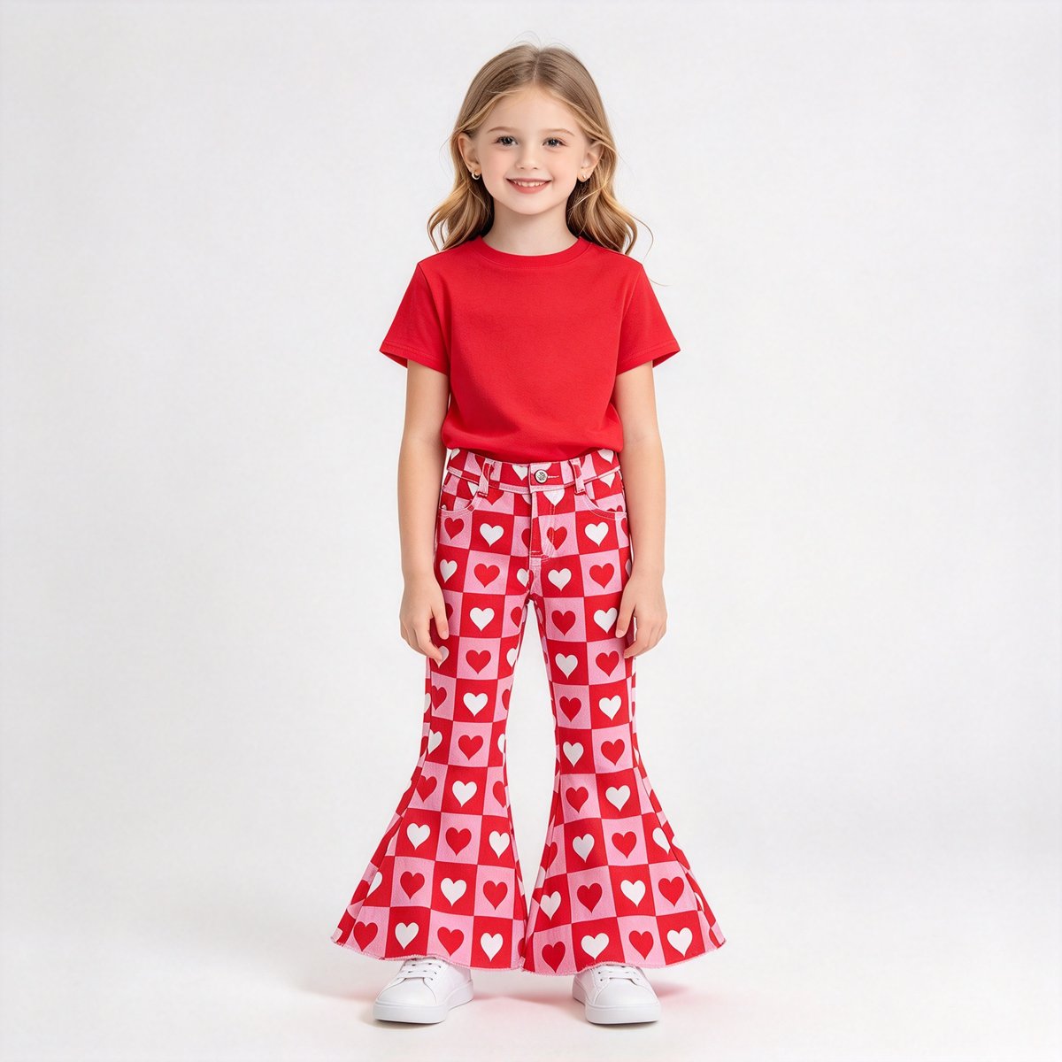 RTS NO MOQ Sibling Denim Baby Girls Checkerboard And Heart Print Flare Bell Bottom Denim Pants Button Pocket