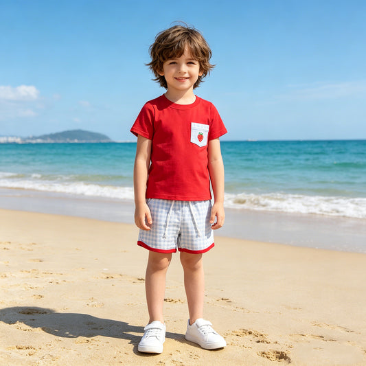 RTS NO MOQ BSSO1692 Toddler Boys Checked Pocket Shorts Strawberry Pattern Top Clothes Sets