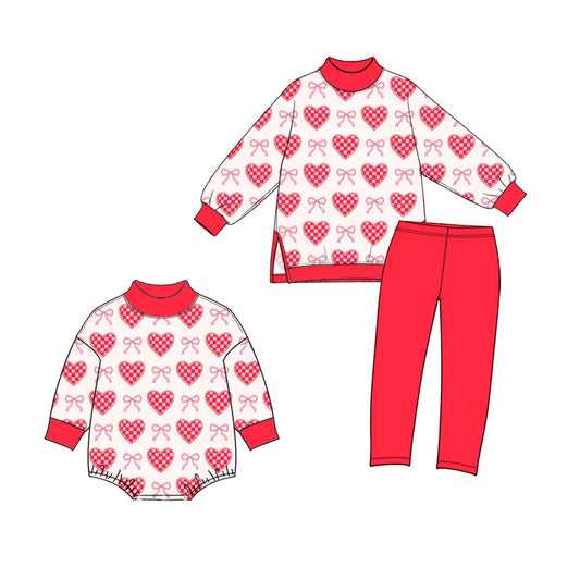 (Preorder new) No moq High Neck Baby Girls Valentines Red Gingham Heart Bow Print Mock Neck Long Sleeve Top Leggings Yoga Sets Romper