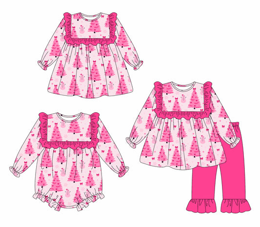 25.6.28 custom each style moq 5eta 4-6week Sibling Sisters Christmas trees pink baby girl long sleeve pants sets and dress and rompers match family design