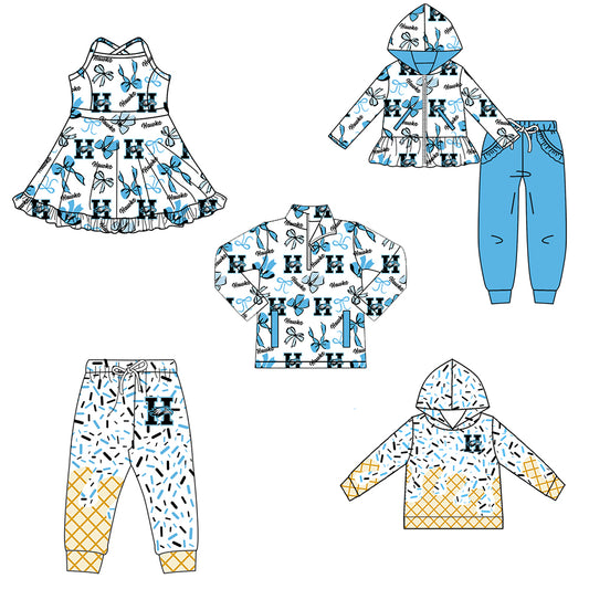 Custom moq 5 mix size milk silk summer teams baby girls clothes bow blue hooded long sleeve pants sets and dress and top and hooded top and pant-25.8.13