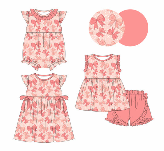 3.27 custom each style moq 5eta 4-6week Sibling Sisters bow baby girl short sleeve shorts sets and dress and rompers match family design