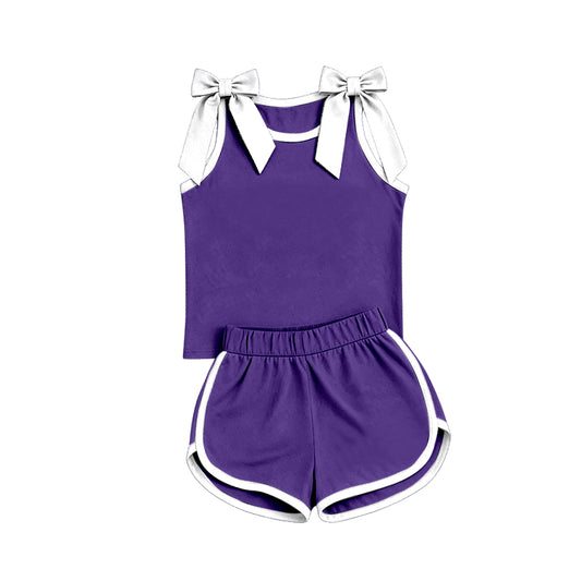 custom moq 5 mix size Baby Girls White Bow Sleeveless Purple Top Shorts Team Athletic Set
