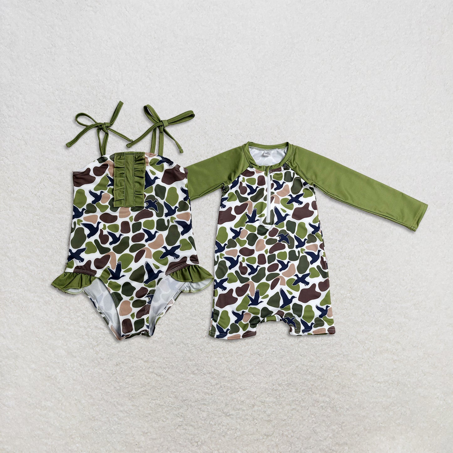 RTS NO MOQ Sibling milk silk Baby Girls And Boys Green Camo Duck Swimsuits Beach Wear