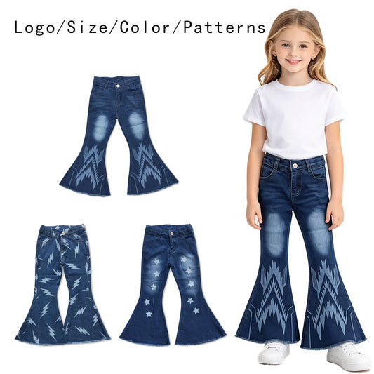 RTS NO MOQ Sibling Denim Baby Girls Western Print Bell Bottom Jeans Flare Denim Pants