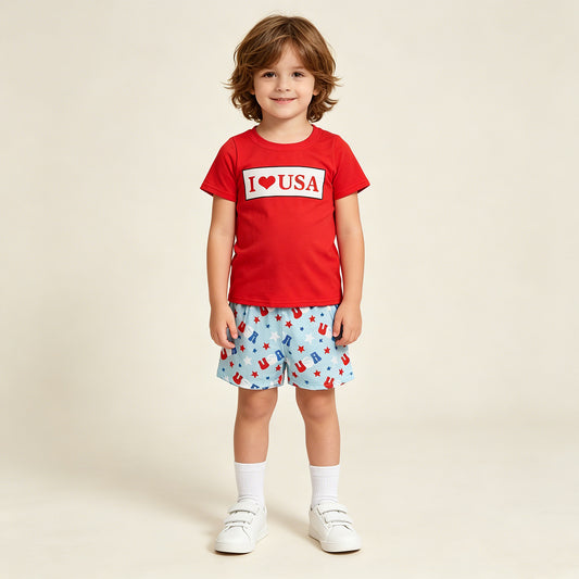 RTS NO MOQ milk silk BSSO2011 Baby Boys  4th of July I Love USA Stars Print Shirt And Shorts Set