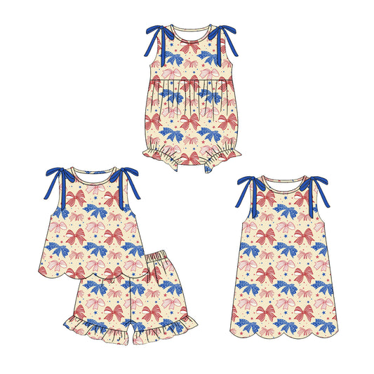 3.30 Custom moq 5 mix size Sibling Baby Girl's Bows 4th of July Sleeveless Top And Short Set Cute Romper Dress for Summer