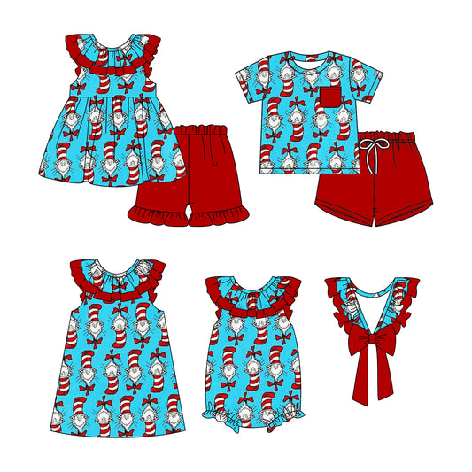 11.28 custom each style moq 5eta 4-6week Sibling Sister dr seuss blue baby girl short sleeve shorts sets and sets 2 and girls romper and dress match design