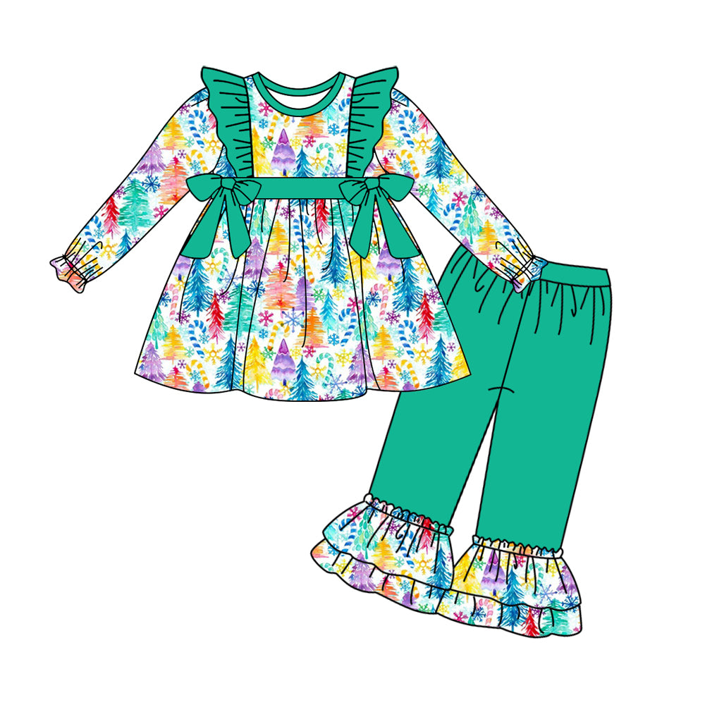 6.3 custom each style moq 5eta 4-6week Sibling Sister Christmas trees teal baby girls outfits and dress and baby romper match family design