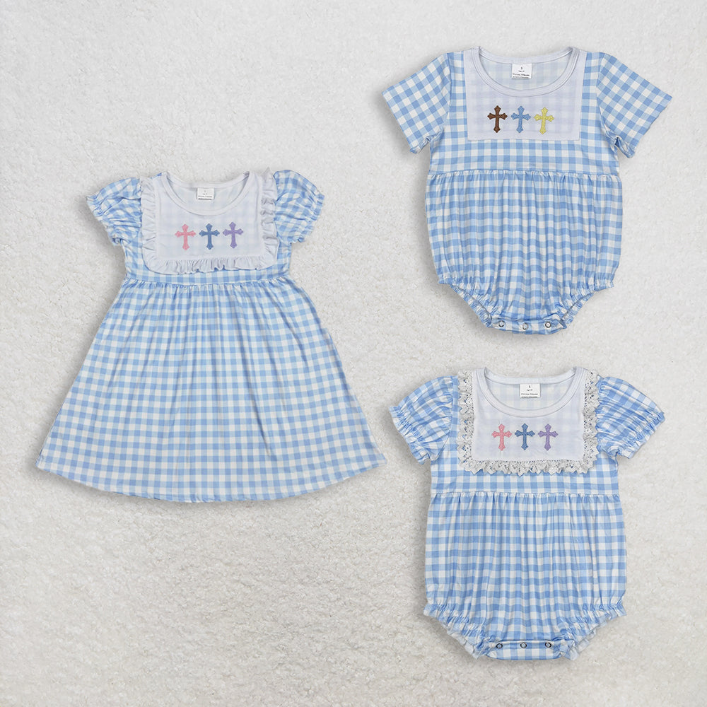 RTS NO MOQ Sibling Baby Embroidery Baby Girls Knee-Length Dress Easter Blue Checkered Cross Rompers for Spring
