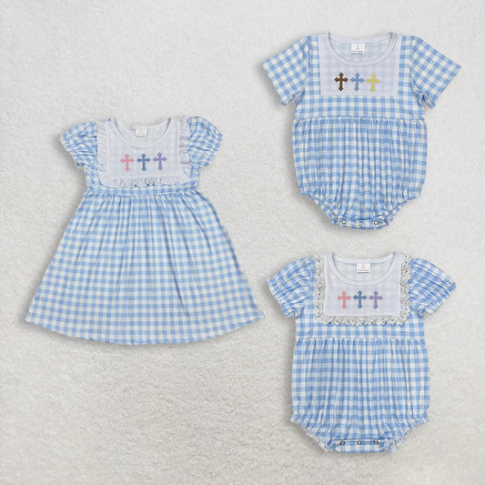 RTS NO MOQ Sibling Baby Embroidery Baby Girls Knee-Length Dress Easter Blue Checkered Cross Rompers for Spring