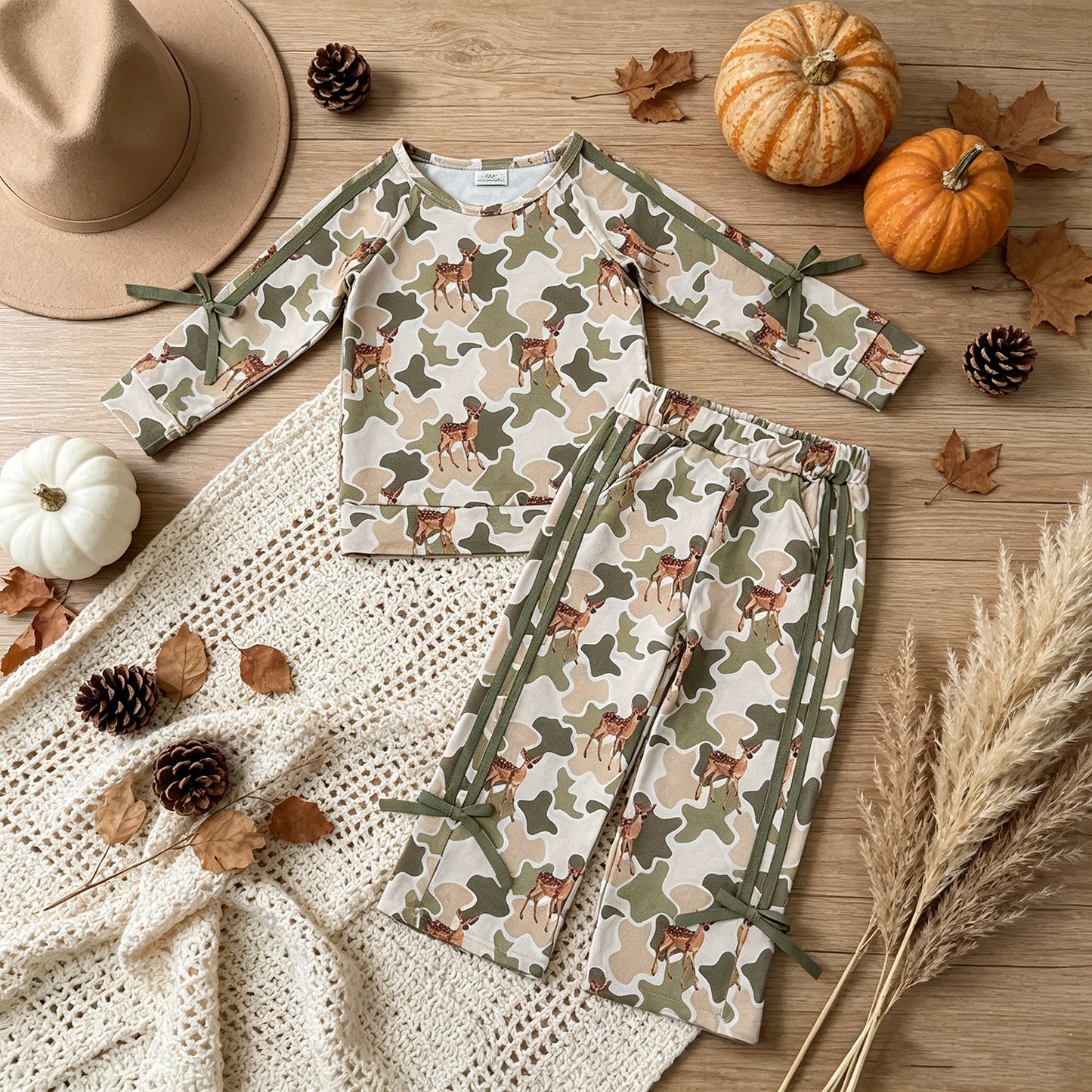 RTS No moq milk silk GLP3428 Baby Girls Green Camo Deer Print Long Sleeve Top Pockets Flare Pant Two Piece Hunting Fall Outfit Set（副本）
