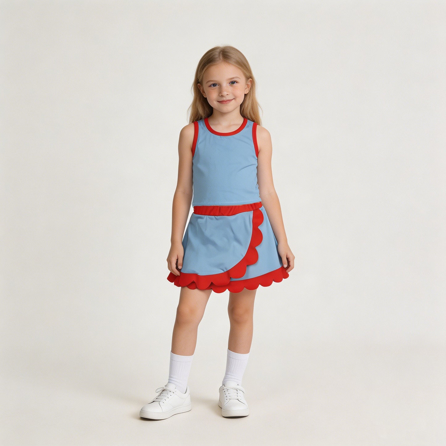 RTS NO MOQ yoga fabric cotton GSD4020 Baby Girls Cute Blue Red Sleeveless Vest Scallop Skort Active Set