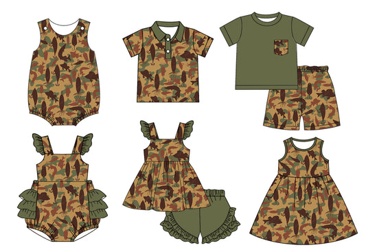 11.14 custom each style moq 5eta 4-6week Sibling Sister fish baby girl short sleeve shorts sets and sets 2 and girls romper and boy romper and dress and top match design