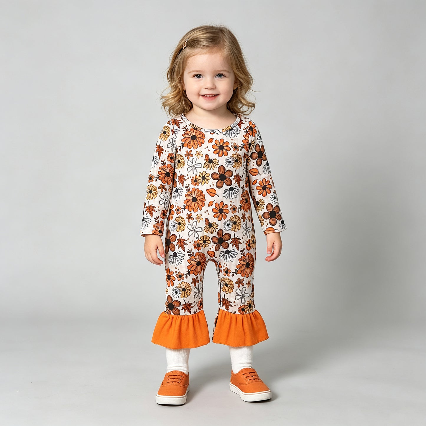 NEW RTS NO MOQ milk silk LR3025 Baby Girls Floral Leaf Long Sleeve Ruffle Casual Rompers
