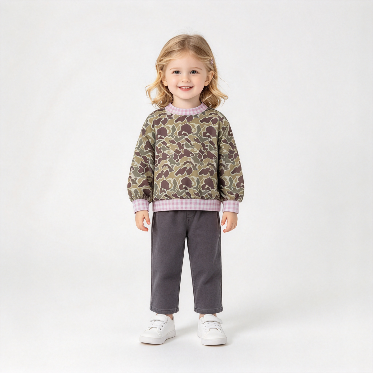 RTS NO MOQ Sibling milk silk Baby Girls Cute Camo Print Gingham Ruffle Neck Long Sleeve Casual