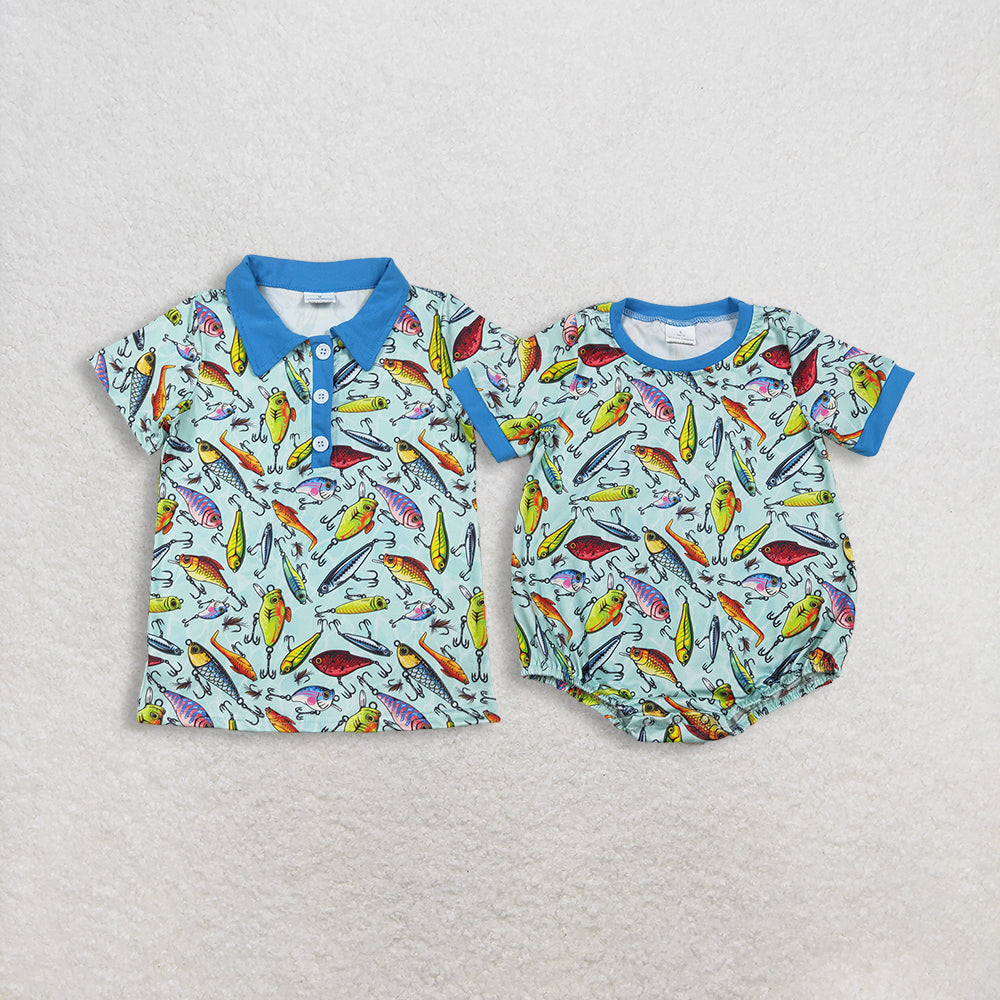 RTS NO MOQ Sibling Baby Boys Short Sleeve Fishing Hunting Button Polo Shirt Top Rompers Children's Outfit for Boys