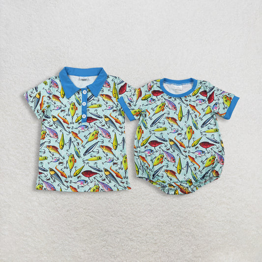 RTS NO MOQ Sibling Baby Boys Short Sleeve Fishing Hunting Button Polo Shirt Top Rompers Children's Outfit for Boys