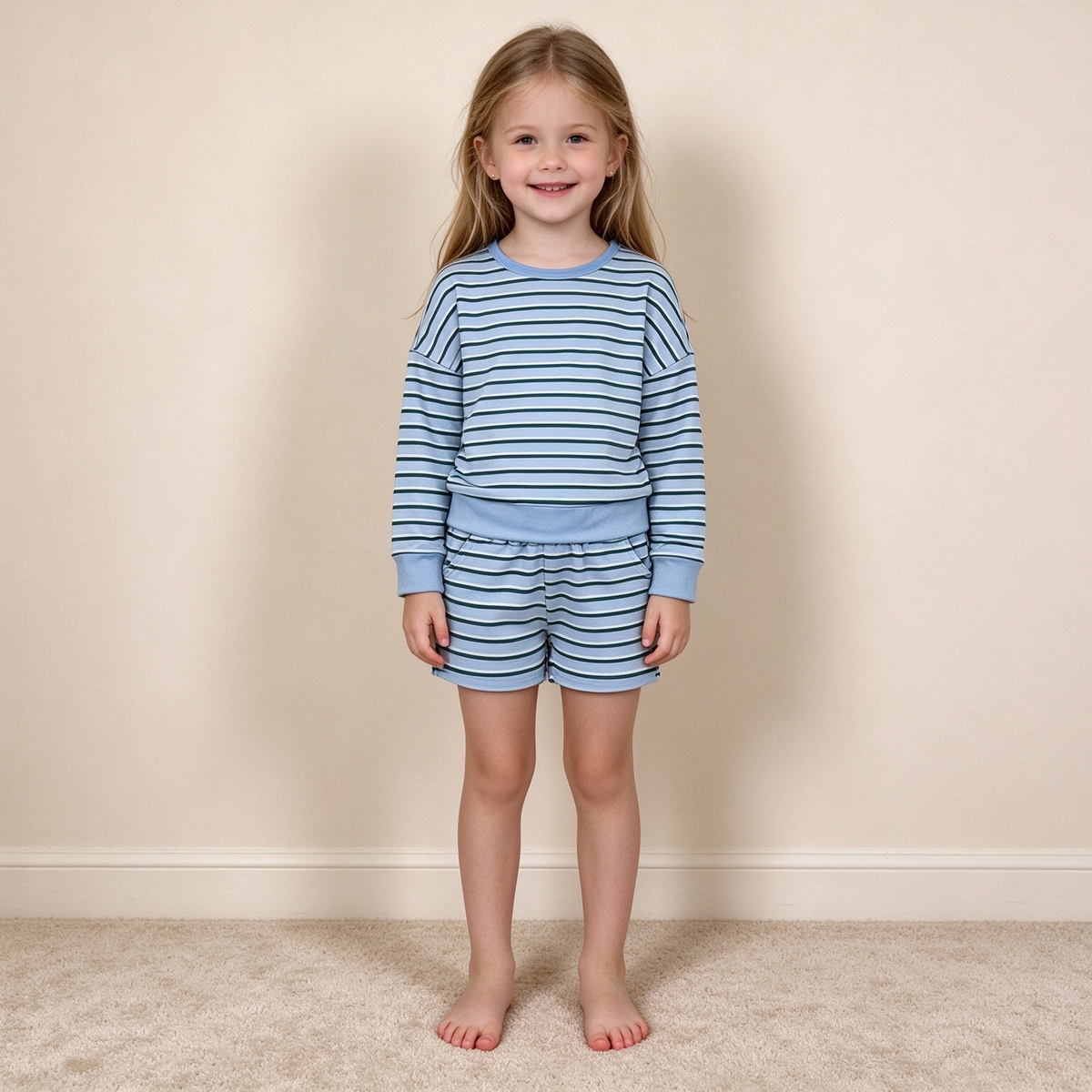 NEW RTS NO MOQ yoga fabric GLS0133 Yoga Baby Girls Blue Stripe Shirt Top Short Yoga Set