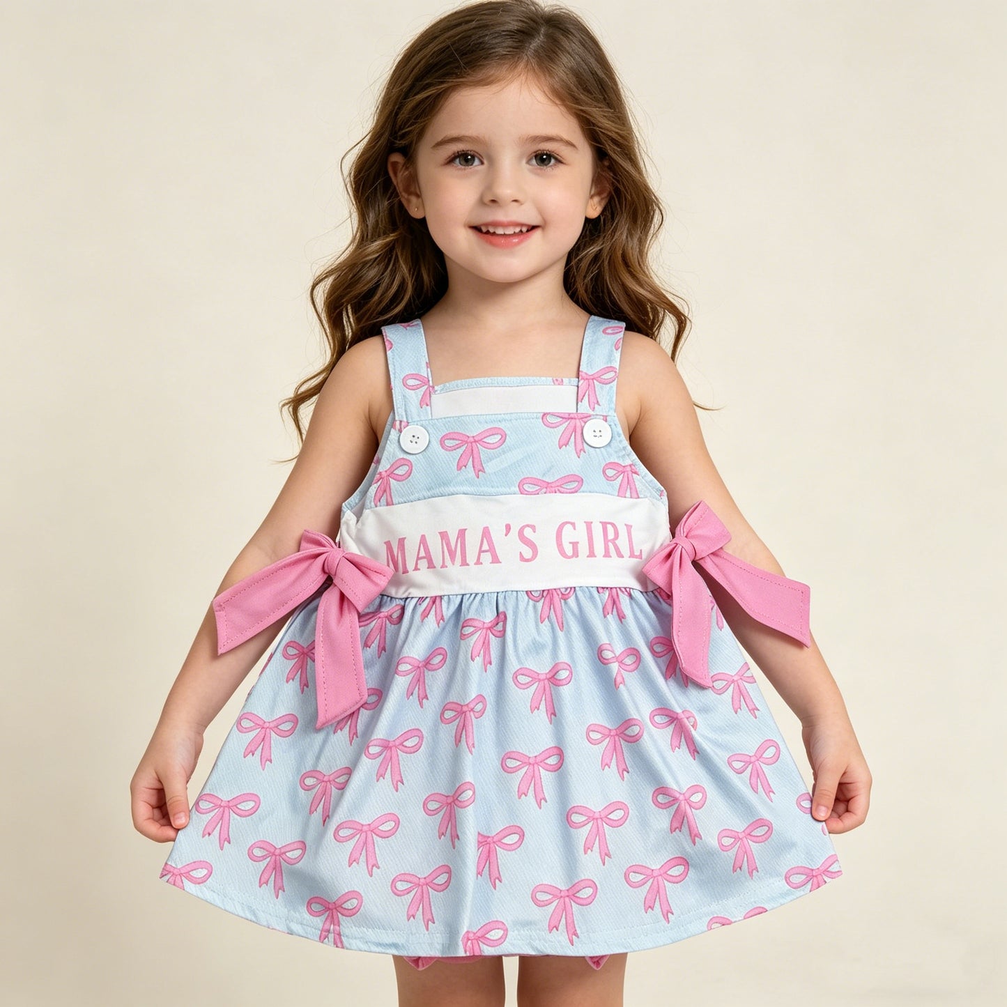 RTS NO MOQ SR3426 Kids Girls Pink Strap Mama's Girls Bows Tunic Bummies Ruffle Rompers