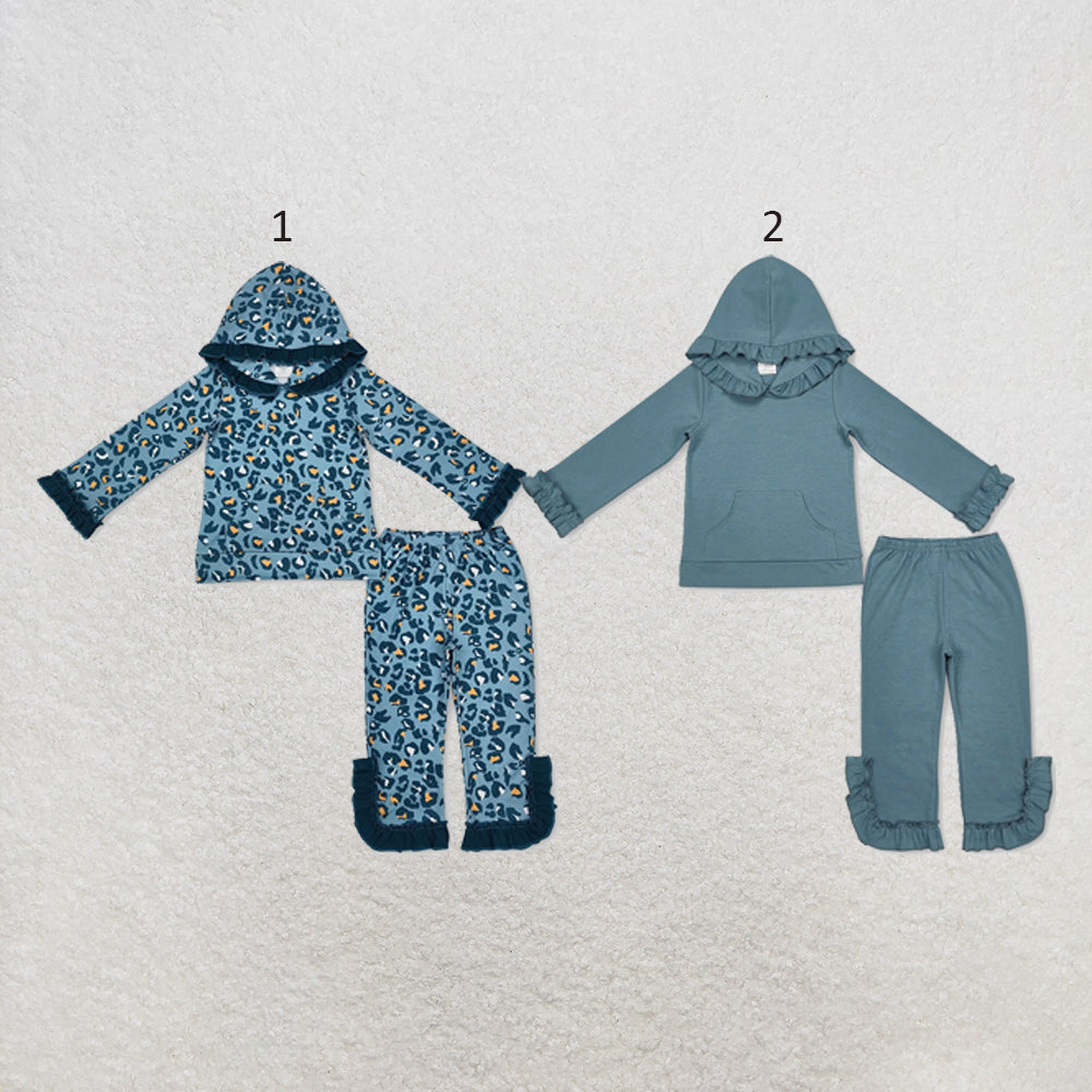 RTS NO MOQ Sibling milk silk Baby Girls Blue Ruffle Trim Hooded Top Pants Casual Clothes Set