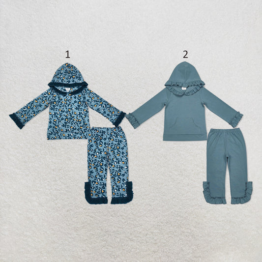 RTS NO MOQ Sibling milk silk Baby Girls Blue Ruffle Trim Hooded Top Pants Casual Clothes Set