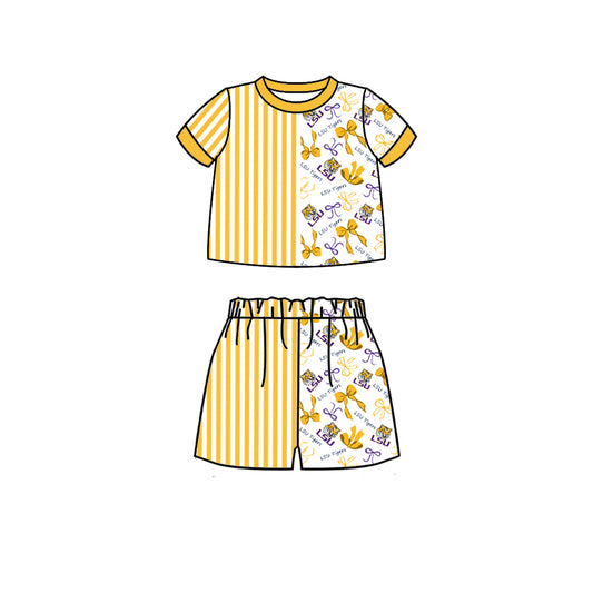 Custom moq 5 mix size milk silk summer teams Baby Yellow Striped Bow Print Short Sleeve Top And Shorts Set