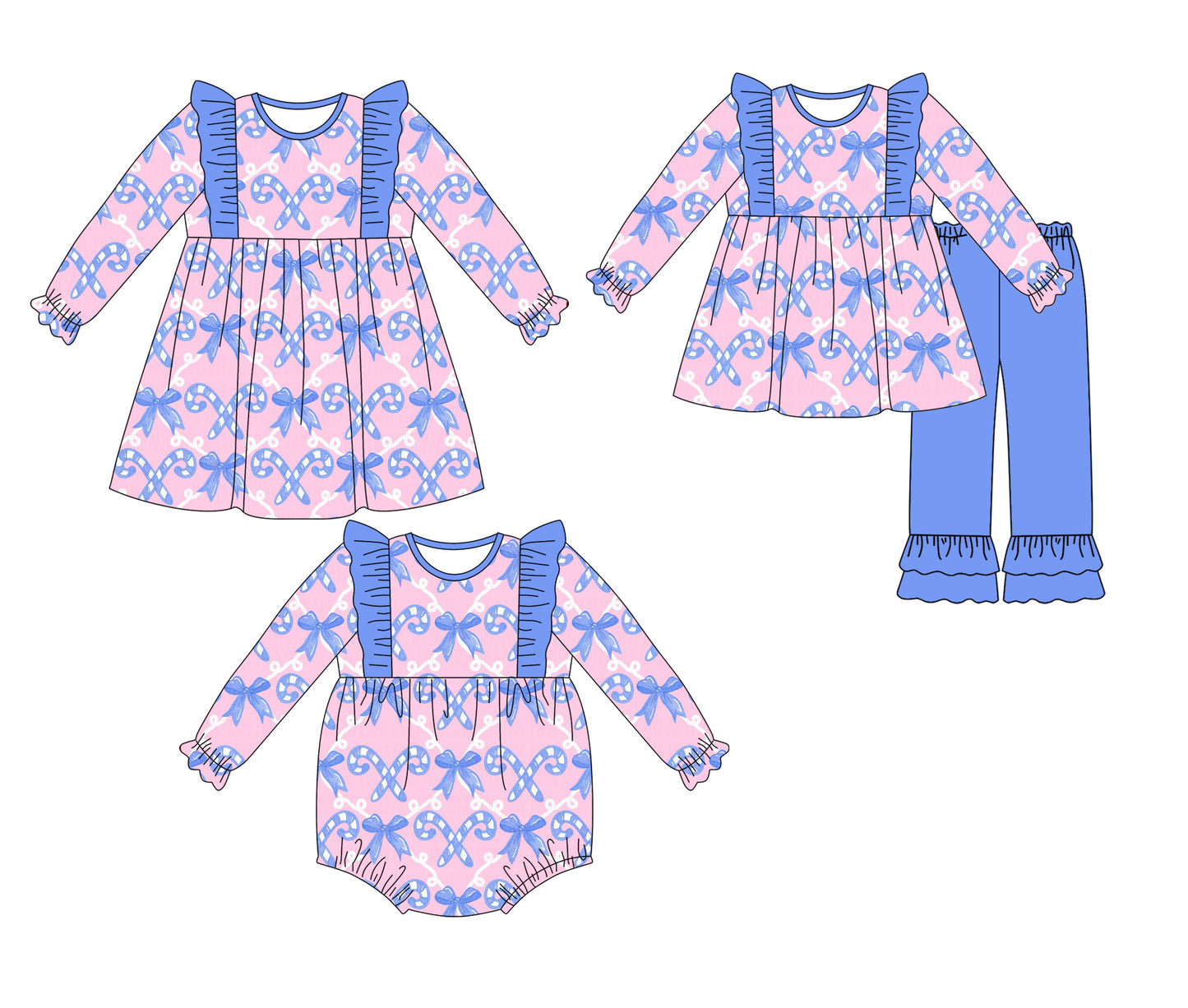 25.5.12 custom each style moq 5eta 4-6week Sibling Sisters Christmas bow baby girl long sleeve pants sets and dress and rompers match family design