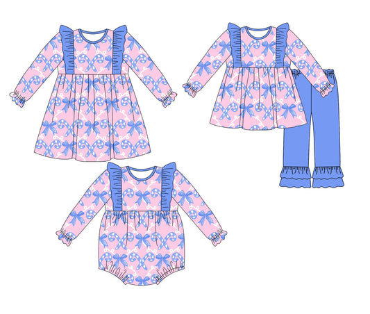 25.5.12 custom each style moq 5eta 4-6week Sibling Sisters Christmas bow baby girl long sleeve pants sets and dress and rompers match family design