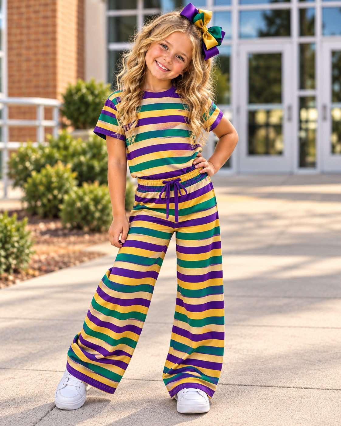 (Preorder new) No moq GSPO2405 Baby Girls Stripe Short Sleeve Top Flare Pant Casual Clothes Set