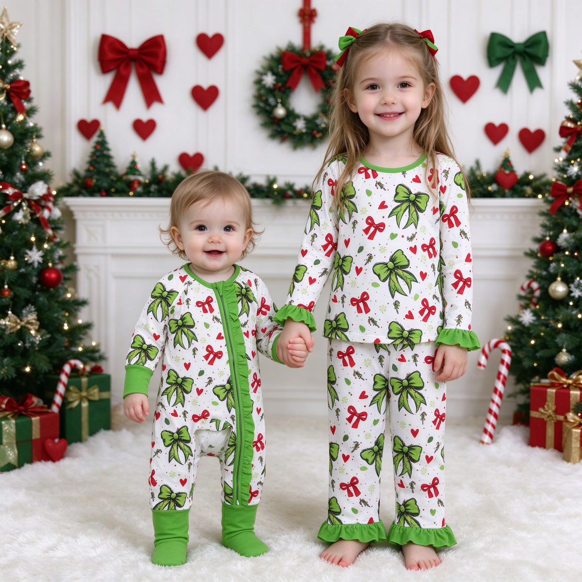 Baby Girls Christmas Bows Hearts Collection - Green Ruffle Pajama Set & Zipper Romper
