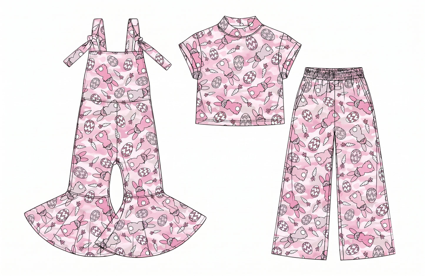 custom moq 5 mix size SETR05 Baby Girls Pink Camo Easter Bunny Egg Carrot Print Clothing Top And Wide Leg Pants Holiday Outfit Set Overalls