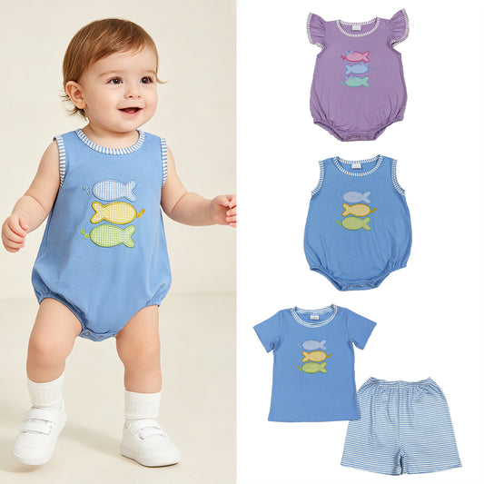 RTS NO MOQ Sibling milk silk Baby Boys Embroidery Fish Stripe Top Hunting Ruffle Shorts Rompers