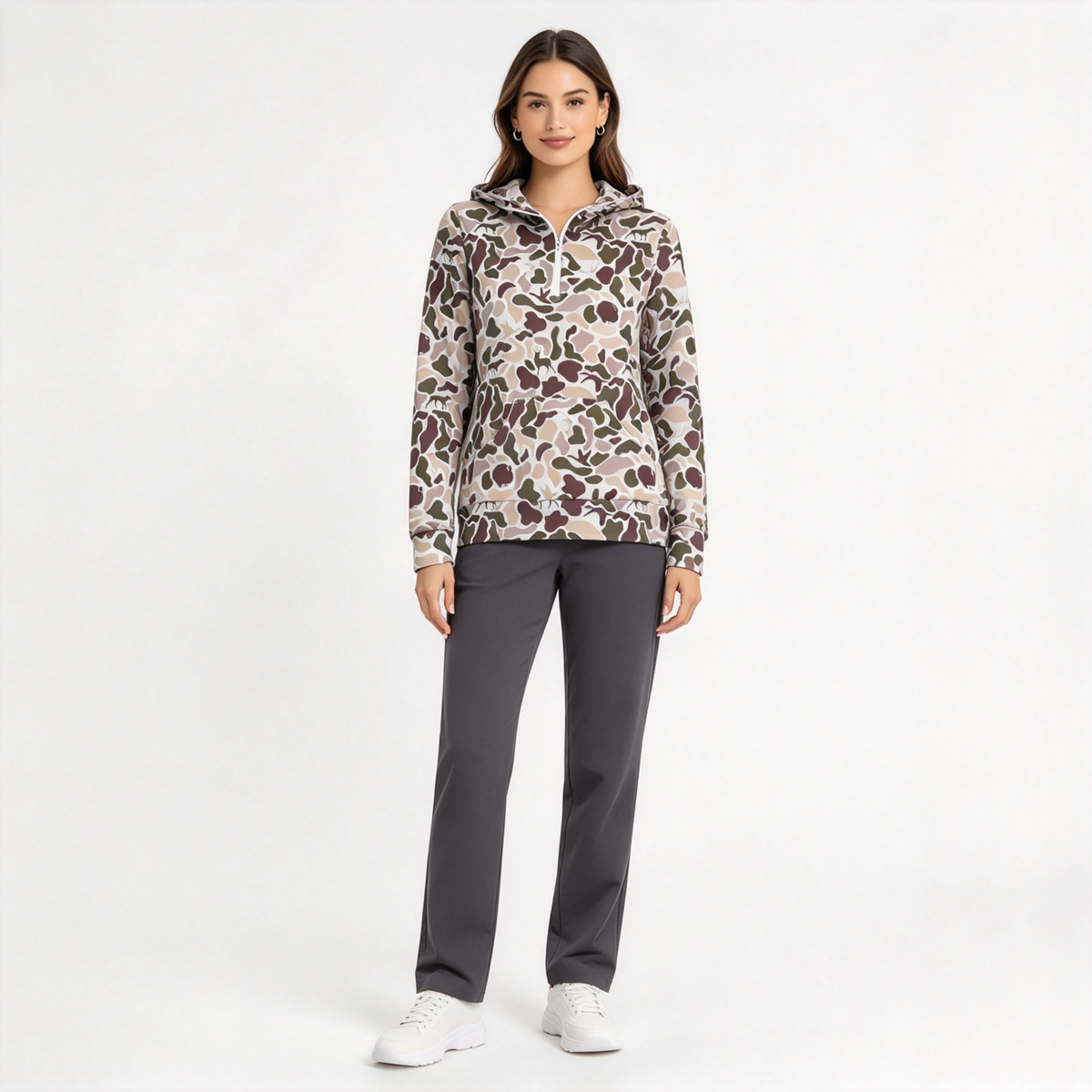 RTS NO MOQ Sibling milk silk Adult Women Camo Zip Pocket Long Sleeve Hoodies Top