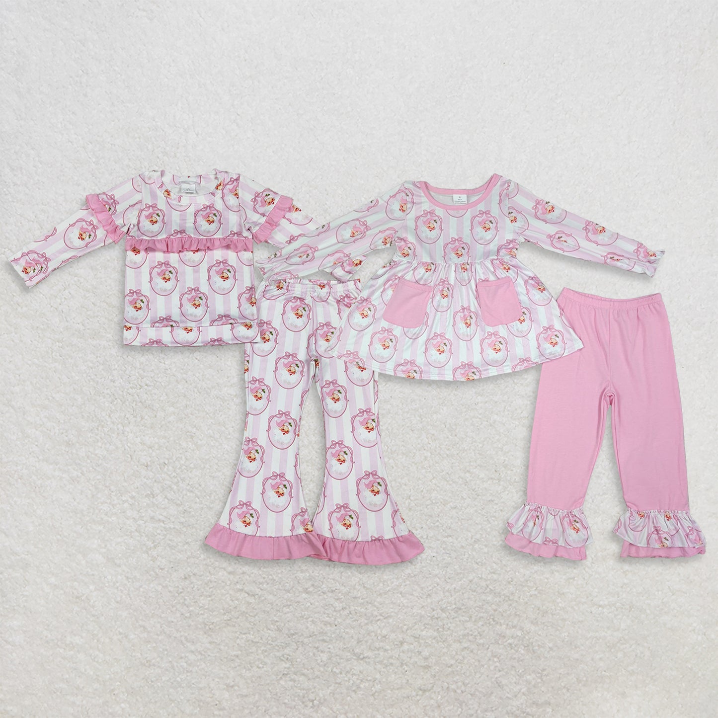 RTS NO MOQ Sibling milk silk Baby Girls Pink Stripe Bows Santa Pockets Tunic Ruffle Pant Christmas Clothes Sets