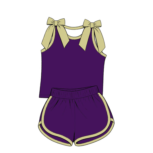 custom moq 5 mix size Baby Girls khaki Bow Sleeveless Purple Top Shorts Summer Cute Clothing Set
