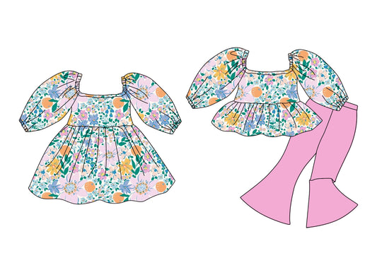 25.12.10 custom each style moq 5 eta 6-8week Sibling Sister floral baby short sleeve pants sets and dress match design