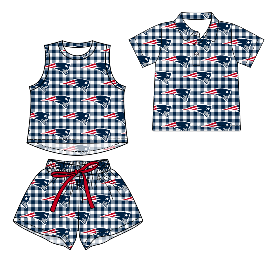 Custom moq 5 mix size milk silk summer teams Girls Navy Blue Checked Top And Short Sets Boys Short Sleeve Button Polo Shirt Top