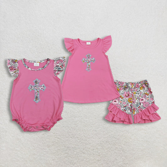 RTS NO MOQ sibling baby girl clothes embroidery short sleeve Clothes Sets and rompers