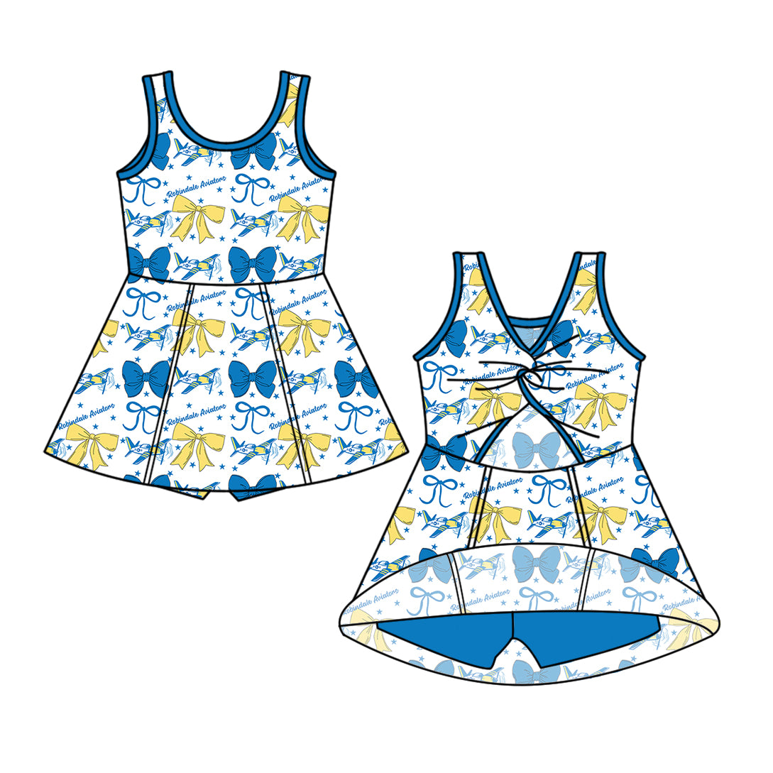Custom moq 5 mix size milk silk baby girls clothes team bow blue and green sleeveless skirts sets 1 and set 2 and dress-25.7.19