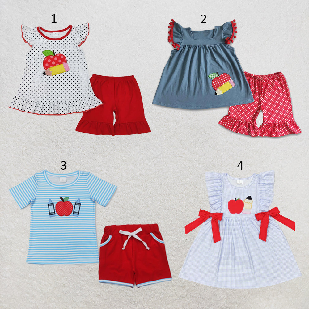 RTS NO MOQ Sibling milk silk Baby Apple Pencil Print Back To School Top Shorts Clothes Sets