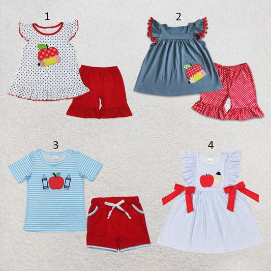 RTS NO MOQ Sibling milk silk Baby Apple Pencil Print Back To School Top Shorts Clothes Sets